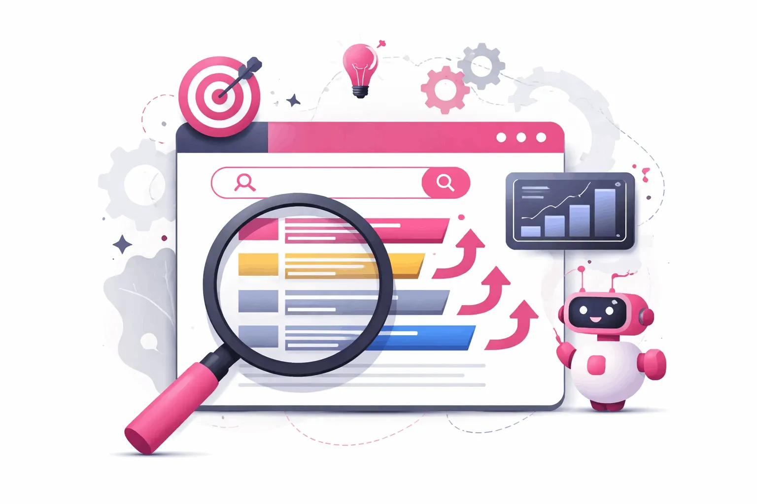 Illustration eines Suchinterfaces mit Lupe und neu sortierten Ergebnissen als Visualisierung von Re-Ranking in Suchsystemen