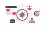 Minimalistische Illustration zum Source Context in der SEO mit Kompass als zentrales Element, verbunden mit Website, Zielscheibe, Nutzerprofil, Geschäftsmodell und Struktur auf weißem Hintergrund