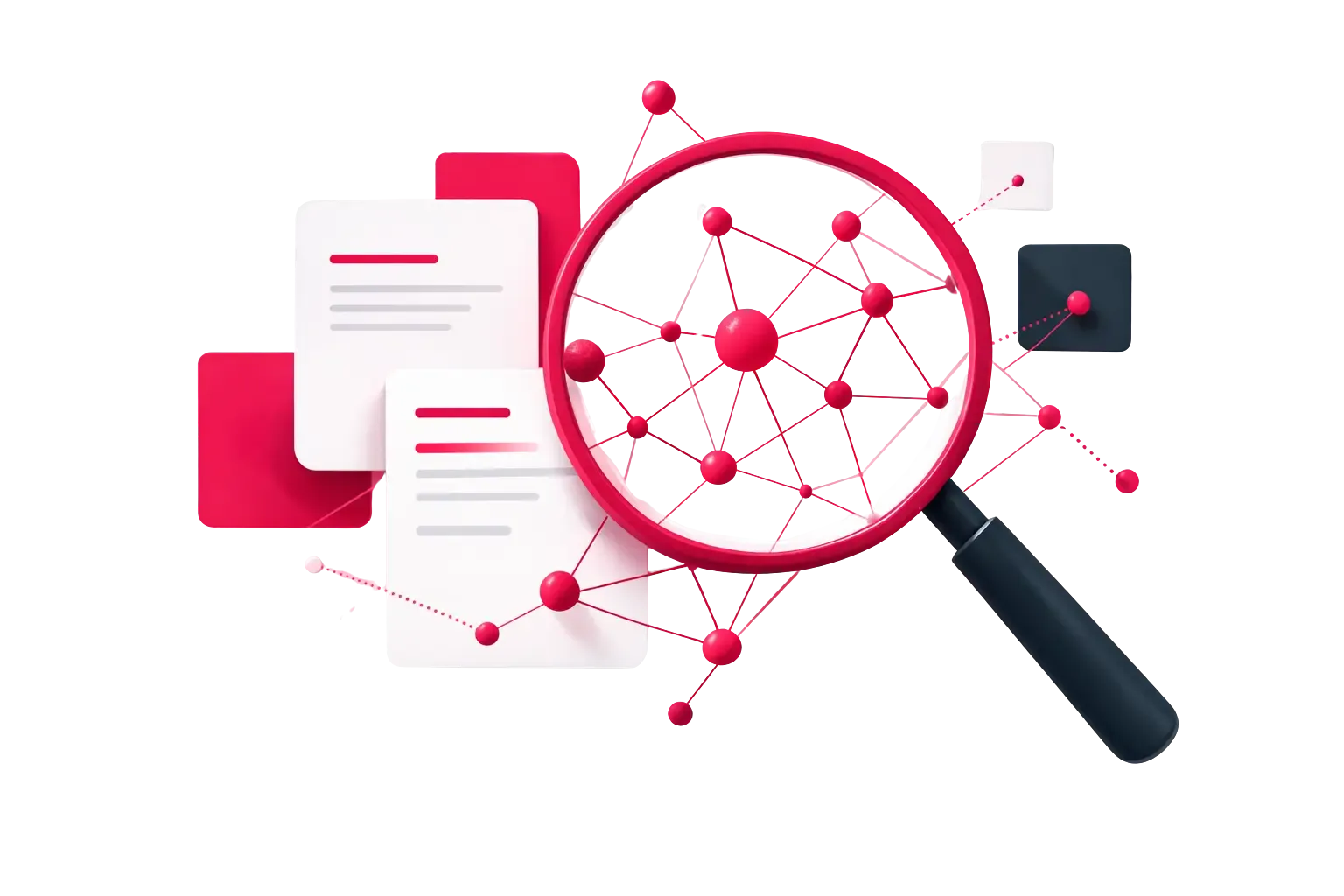 Illustration eines Suchsystems mit Lupe und vernetzten Dokumenten als Symbol für Information Retrieval