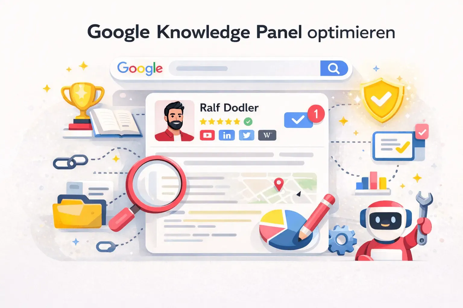 Illustration eines Google Knowledge Panels mit vernetzter Entitätsdarstellung, Symbolen für Verifikation, Analyse und Kontrolle der angezeigten Informationen.