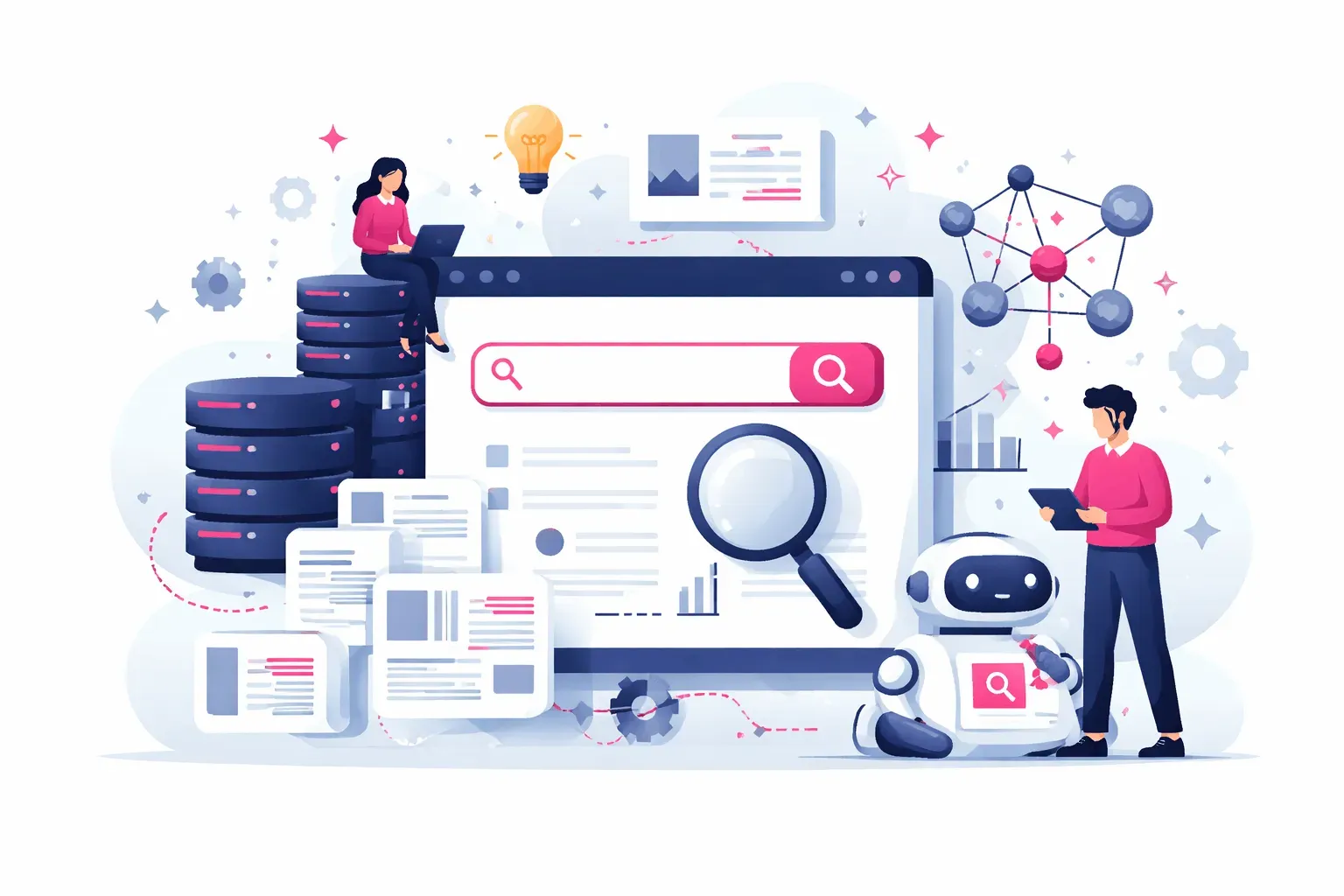 Illustration eines AI-Search-Systems mit Suchmaschine, Dokumentenindex, semantischem Netzwerk und Information-Retrieval-Prozess.