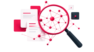 Illustration eines Suchsystems mit Lupe und vernetzten Dokumenten als Symbol für Information Retrieval