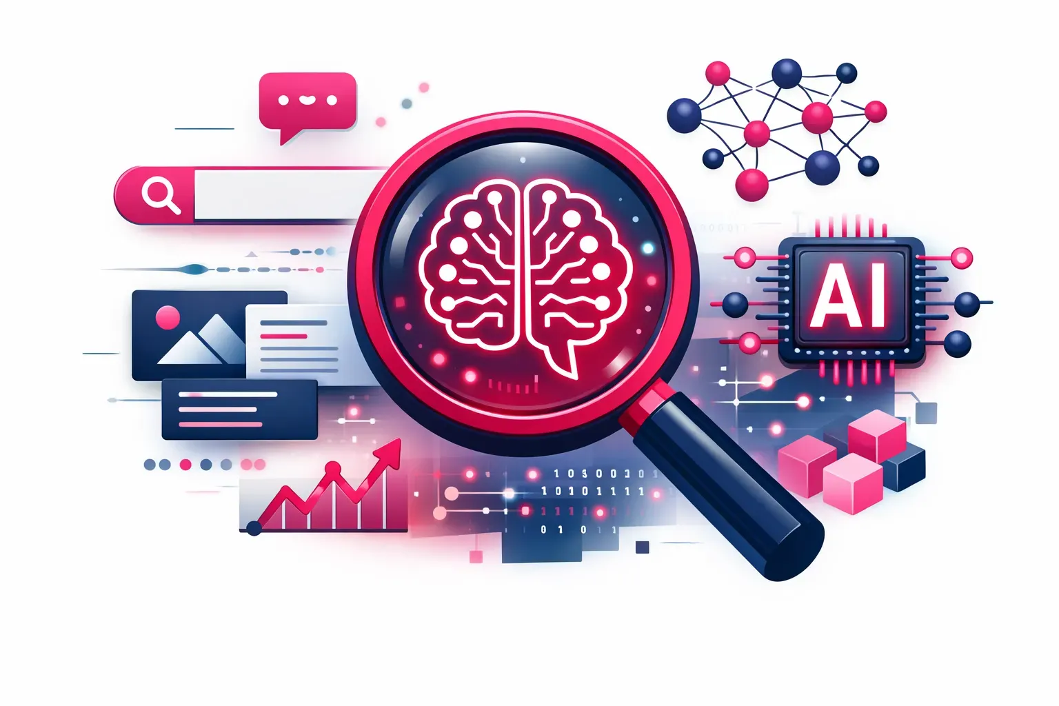 Abstrakte Darstellung von AI Search mit Lupe und digitalem Gehirn als Symbol für Informationsverarbeitung und Sichtbarkeit in KI-Systemen