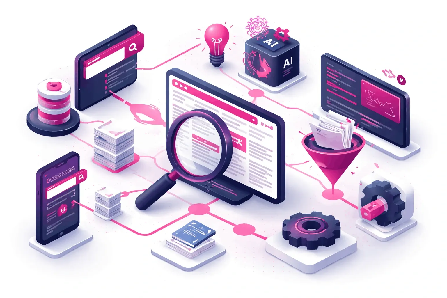Isometrische Illustration einer Retrieval Pipeline mit Dokumenten, Suchsystem, Vektorverbindungen und Bewertungsschritten