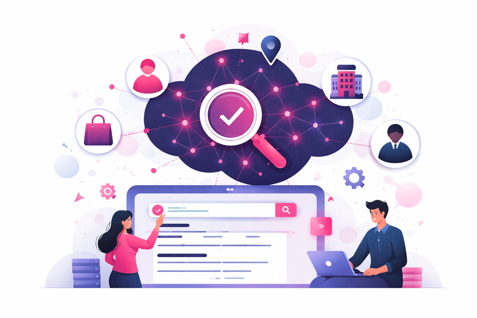 Illustration zu Entity Linking zeigt vernetzte Entitäten im Knowledge Graph und die Zuordnung von Begriffen zu eindeutigen Identitäten in Suchsystemen