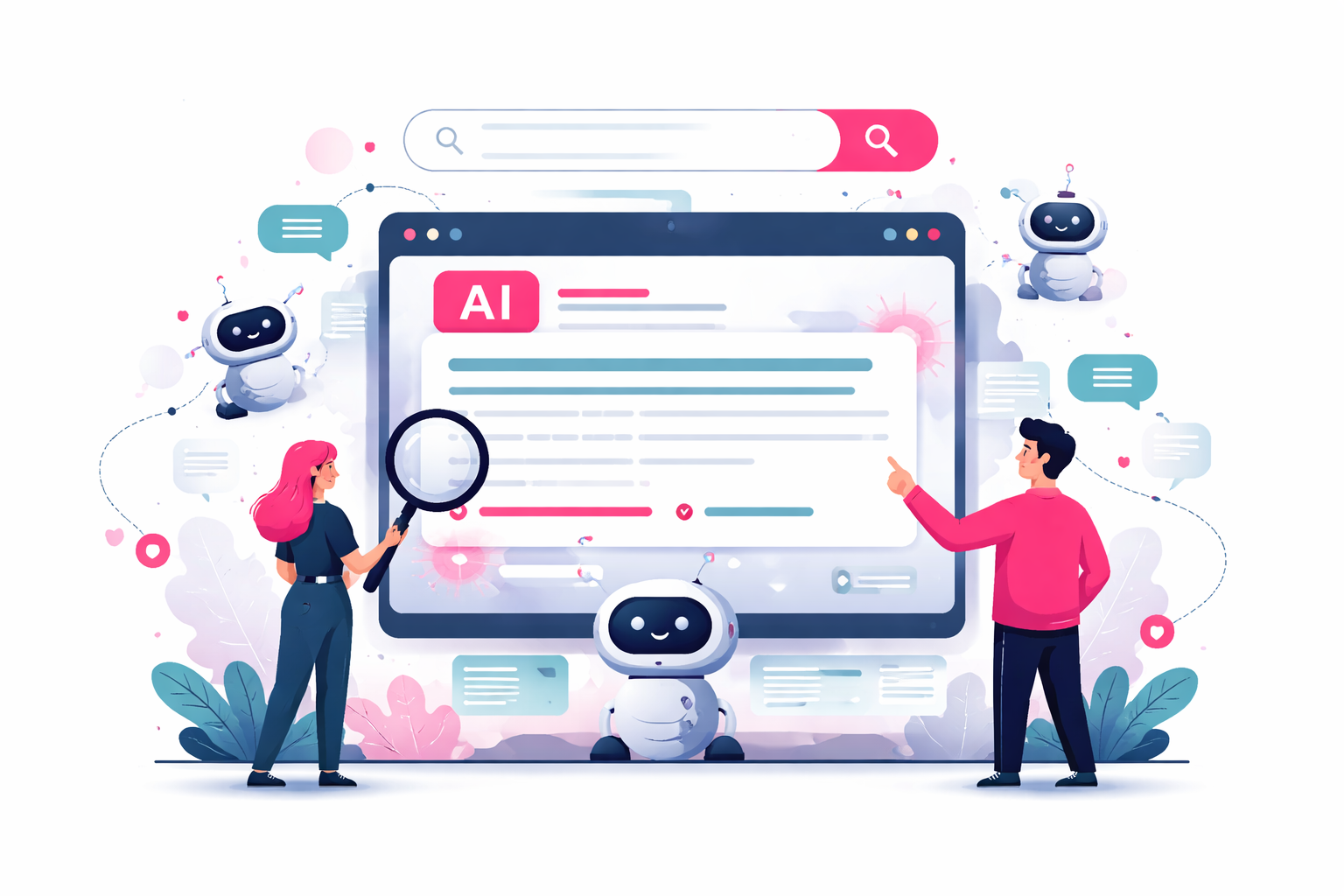 Illustration eines AI-Suchsystems, das Inhalte auswählt, verarbeitet und als Antwort darstellt statt klassische Rankings anzuzeigen