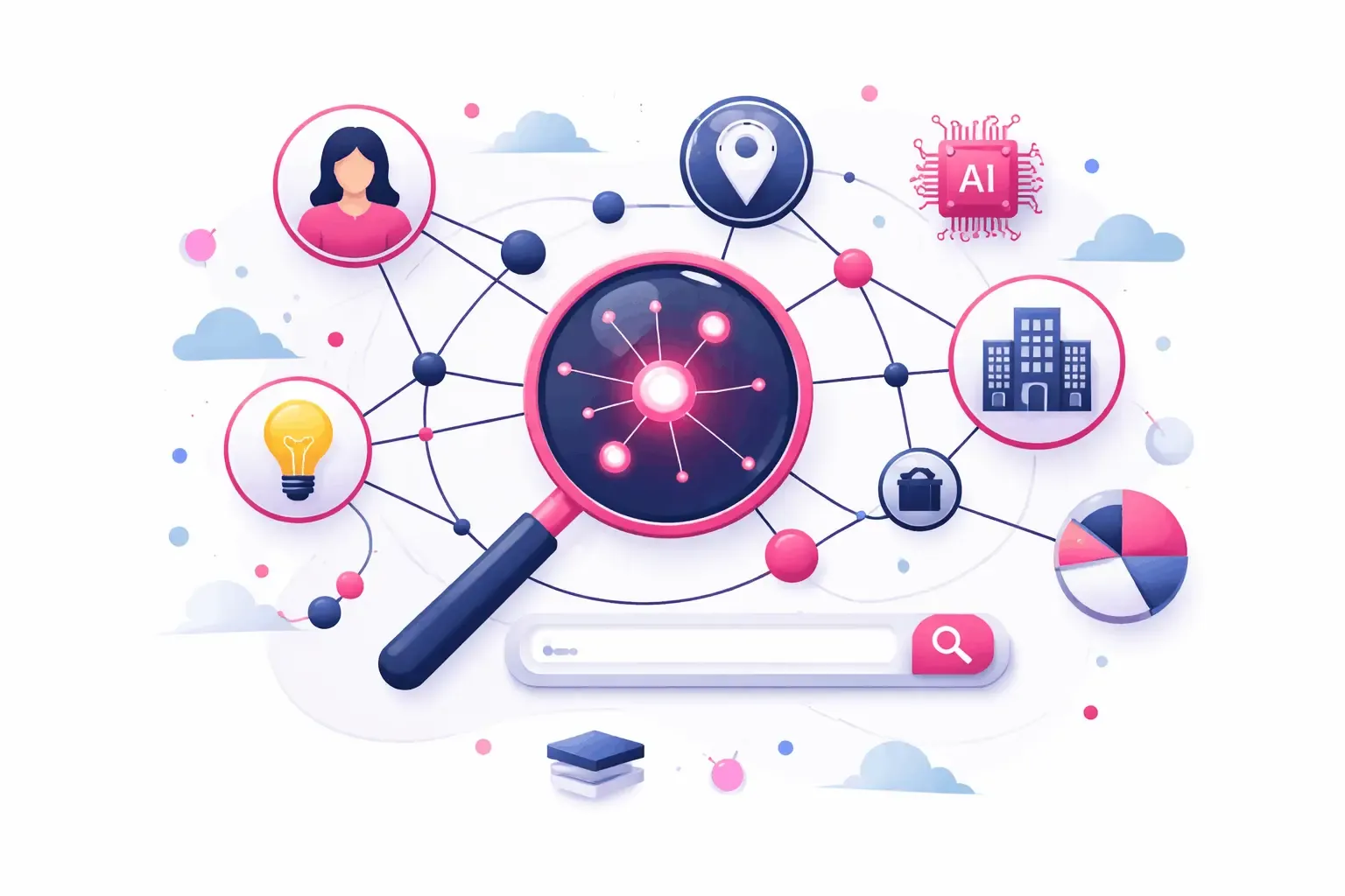 Illustration von Entity Retrieval mit vernetzten Entitäten, Suchleiste und Knowledge-Graph-Struktur zur Identifikation von Personen, Orten und Organisationen