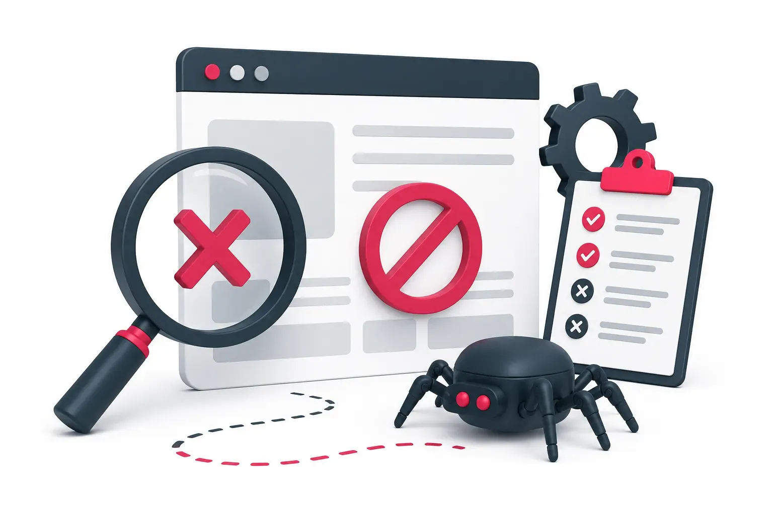 Illustration zu Google indexiert Seiten nicht - mit Suchfenster, Lupe und technischem Crawling-Check