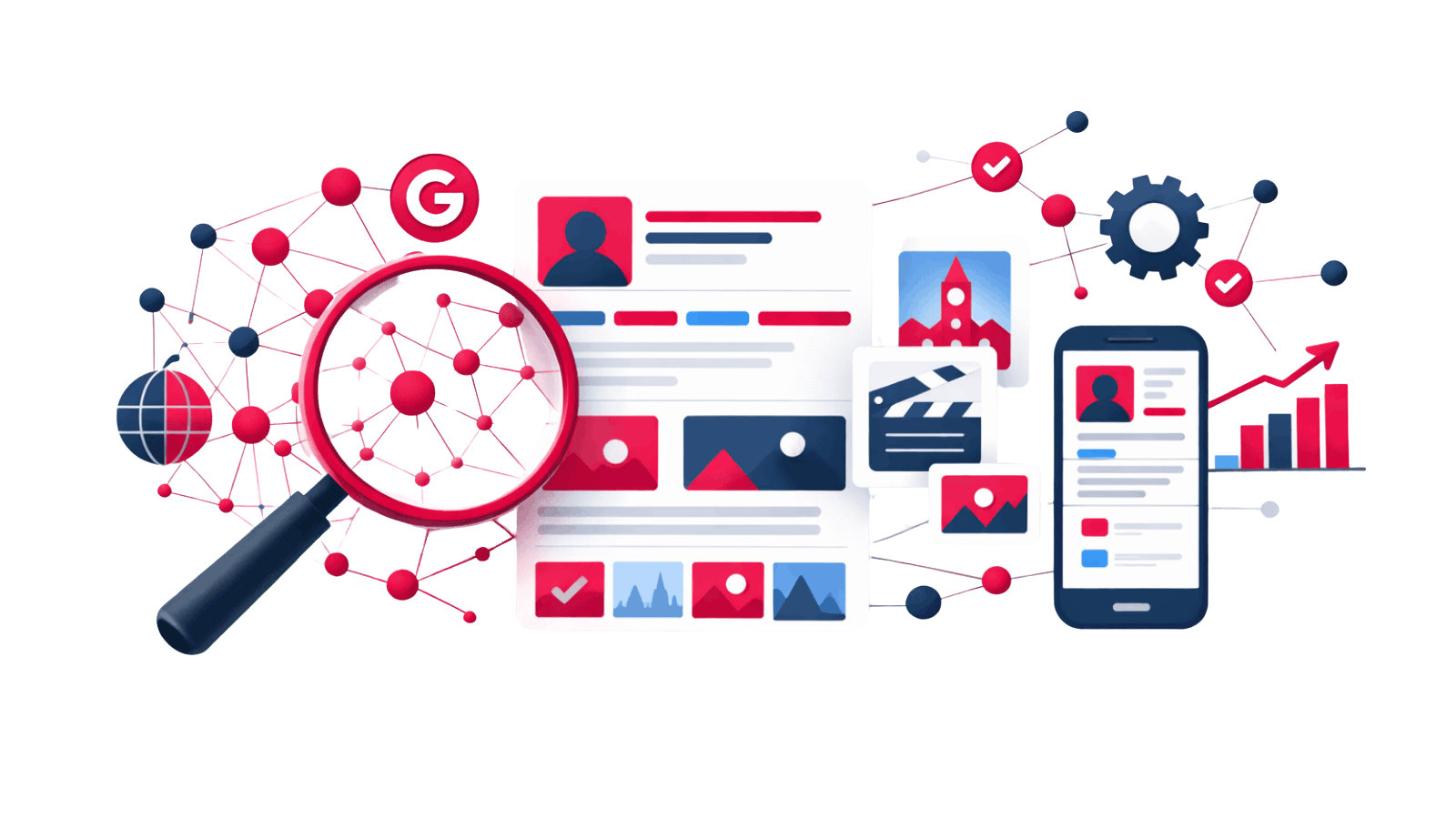 Illustration eines Knowledge Graph mit vernetzten Entitäten und einer hervorgehobenen Knowledge Panel.