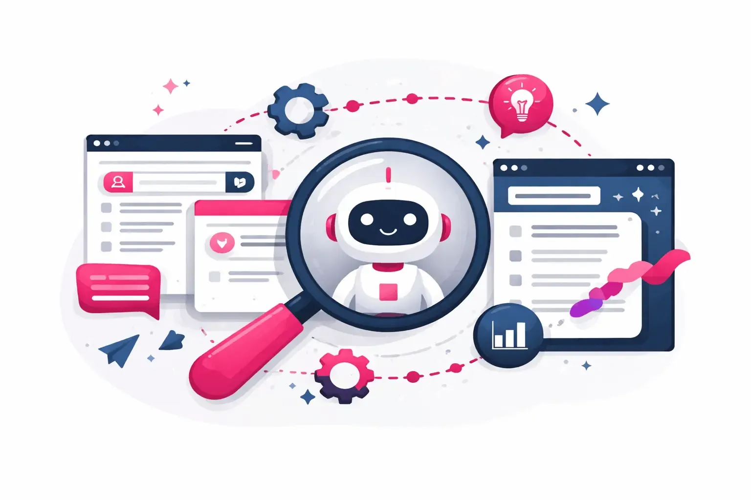 Illustration einer KI-Suchmaschine: Ein Chatbot wird mit einer Lupe analysiert und verarbeitet Informationen aus verschiedenen Webseiten und Datenquellen.