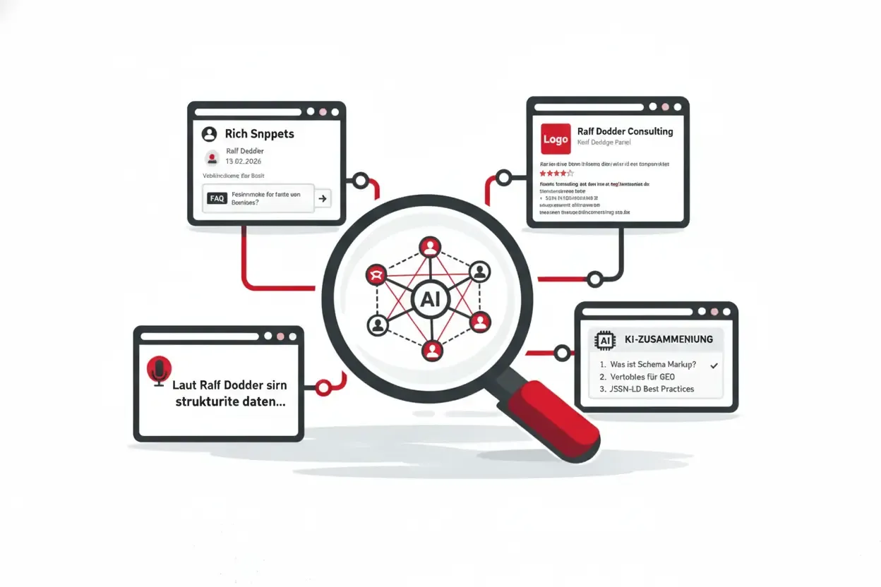 Infografik über strukturierte Daten (Schema Markup) im JSON-LD Format, die Verbindungen zwischen Inhalten, KI-Agenten und Rich Results für die Google-Suche zeigt.
