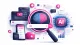 Abstrakte Darstellung von Information Retrieval in AI-Search mit Lupe, Datenquellen und KI-Prozessor in den Farben Pink und Dunkelblau auf weißem Hintergrund