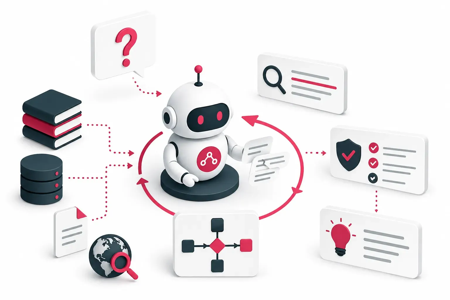 Isometrische Illustration eines Agentic RAG Systems mit autonomem KI-Agenten, der mehrere Datenquellen abruft, analysiert und bewertet