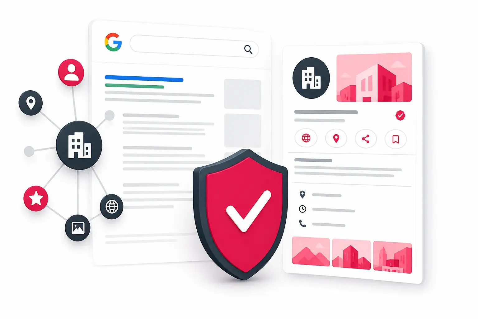 Illustration eines Google Knowledge Panel mit Verifizierungssymbol und vernetzter Entitätsstruktur