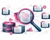 Illustration eines Inverted Index mit Dokumentenlisten, Datenbank und Suchsymbol zur Darstellung schneller Informationssuche