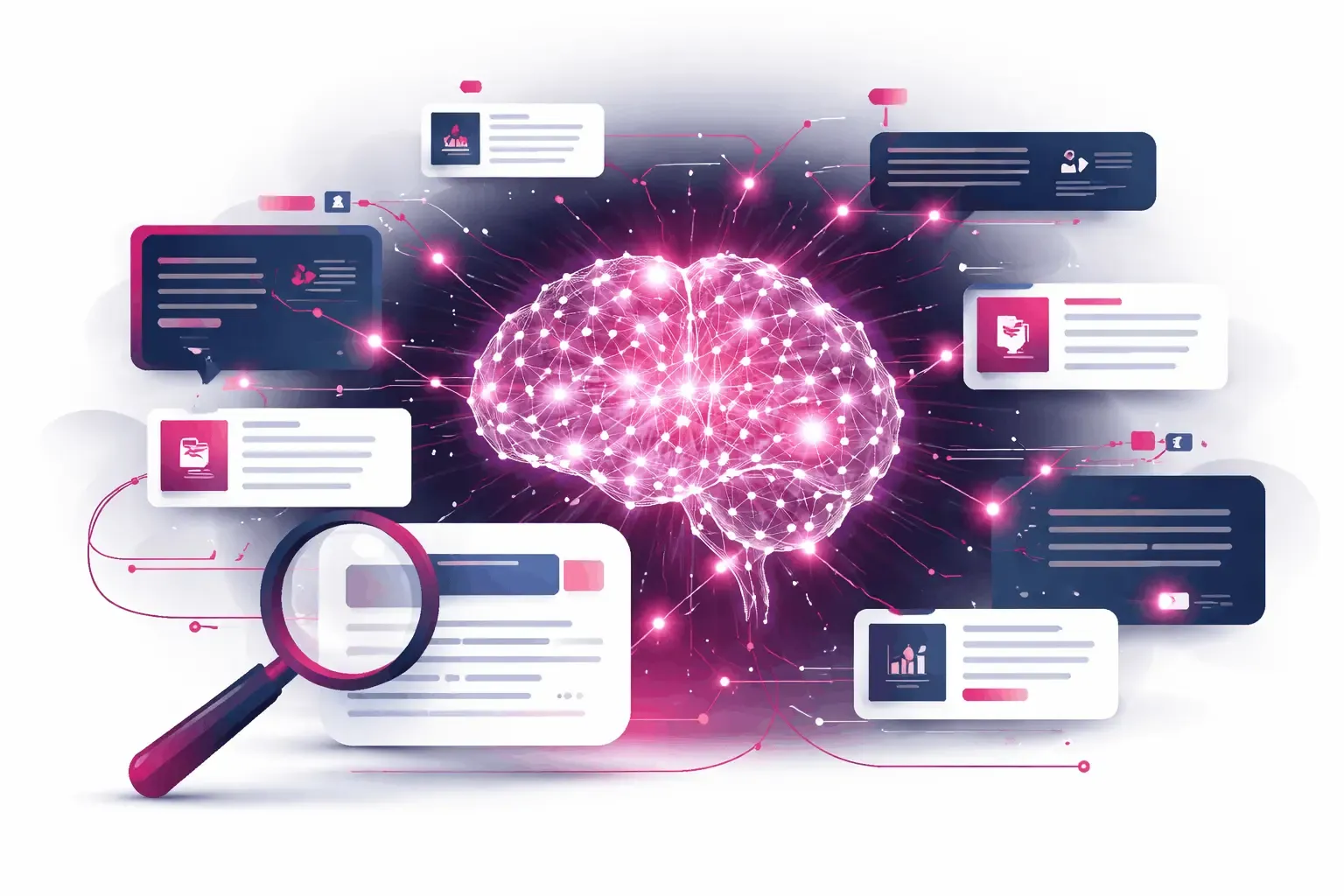 Illustration eines neuronalen Netzwerks, das Dokumente semantisch miteinander verbindet und Dense Retrieval in modernen Suchsystemen visualisiert.