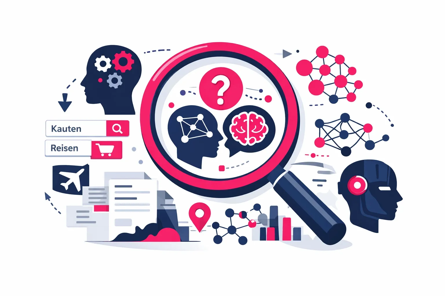 Illustration zum Query Understanding: Suchsystem interpretiert eine Suchanfrage und analysiert Bedeutung, Entitäten und Beziehungen