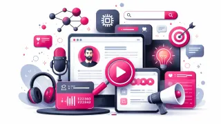 Illustration eines Medienhubs mit Video-, Podcast- und Content-Elementen zu Generative SEO, Information Retrieval und AI-Search