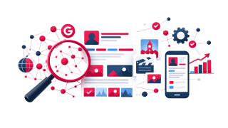 Illustration eines Knowledge Graph mit vernetzten Entitäten und einer hervorgehobenen Knowledge Panel.