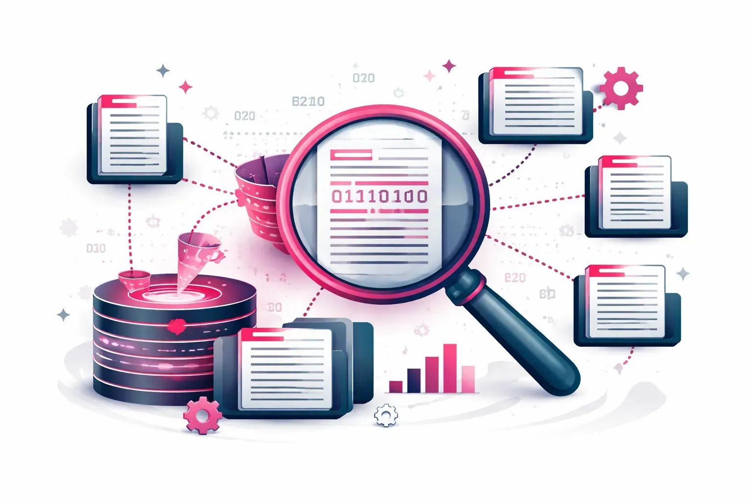 Illustration eines Inverted Index mit Dokumentenlisten, Datenbank und Suchsymbol zur Darstellung schneller Informationssuche