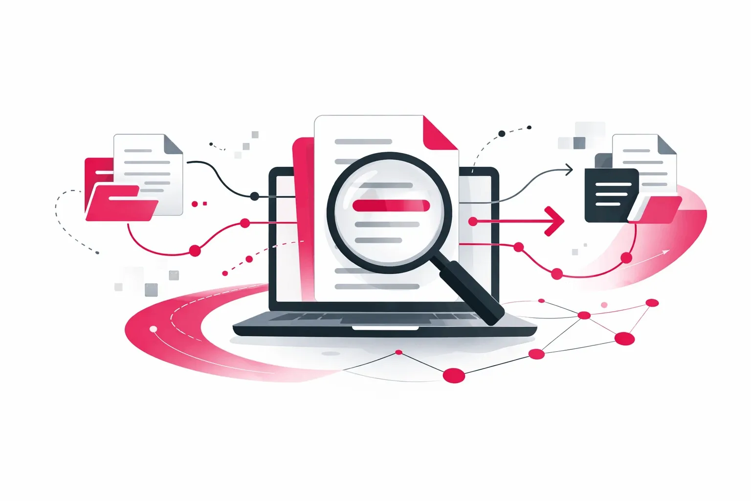 Illustration eines Retrieval-Prozesses, bei dem viele Dokumente durch eine Lupe und einen Filter ausgewählt und als relevante Suchergebnisse dargestellt werden.