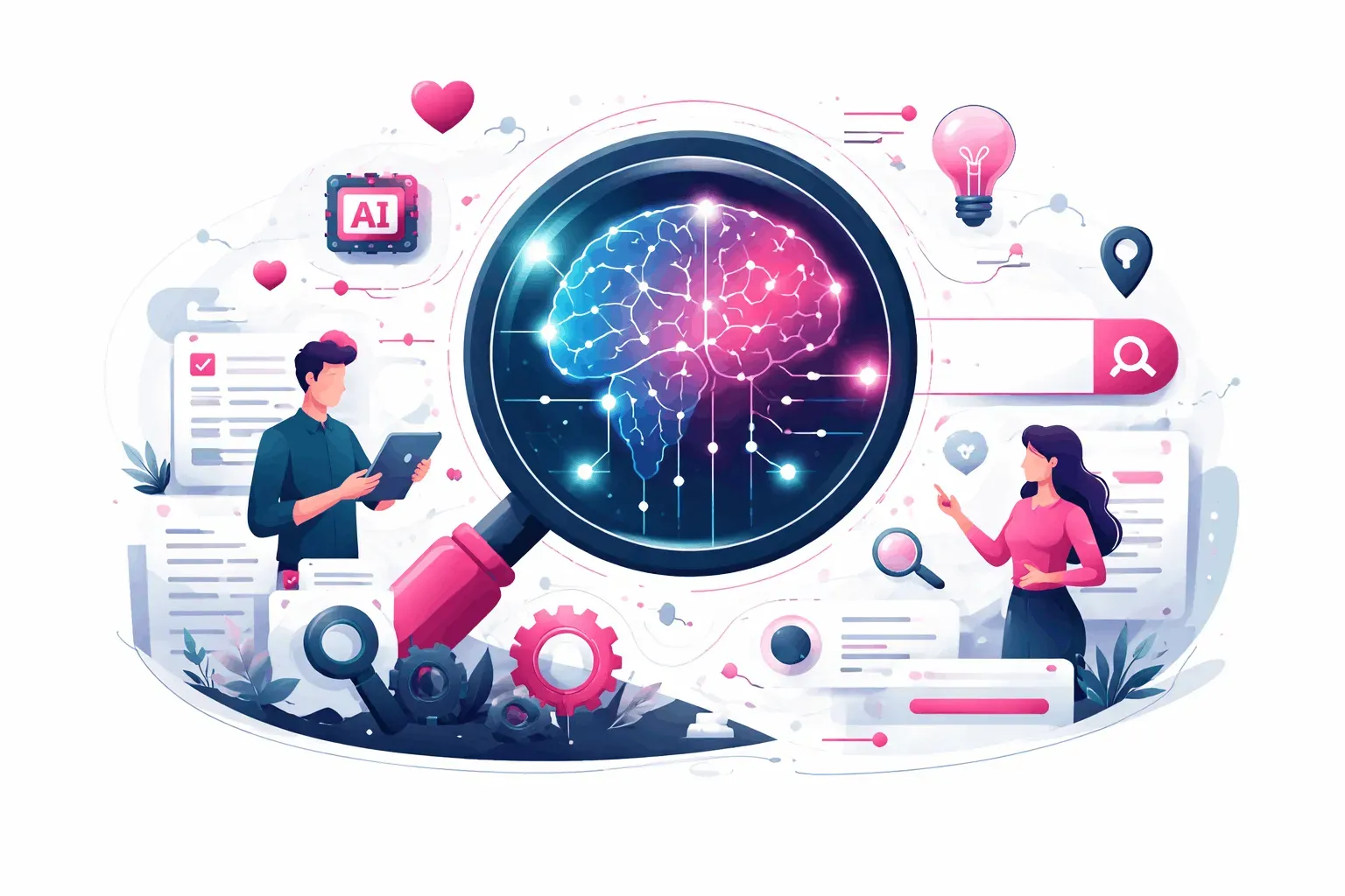 Illustration zur semantischen Suche mit KI-Systemen: Gehirnnetzwerk, Suchinterface und Datenanalyse als Symbol für Information Retrieval und AI-Search.