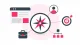 Minimalistische Illustration zum Source Context in der SEO mit Kompass als zentrales Element, verbunden mit Website, Zielscheibe, Nutzerprofil, Geschäftsmodell und Struktur auf weißem Hintergrund