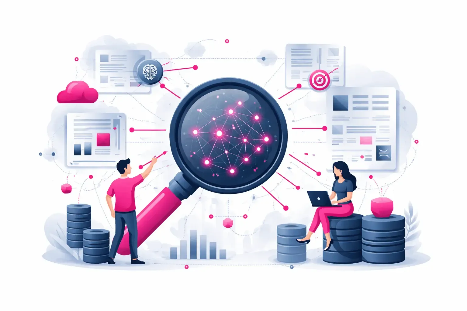 Vector Retrieval Illustration mit Lupe und Netzwerk von Dokumenten im Vektorraum