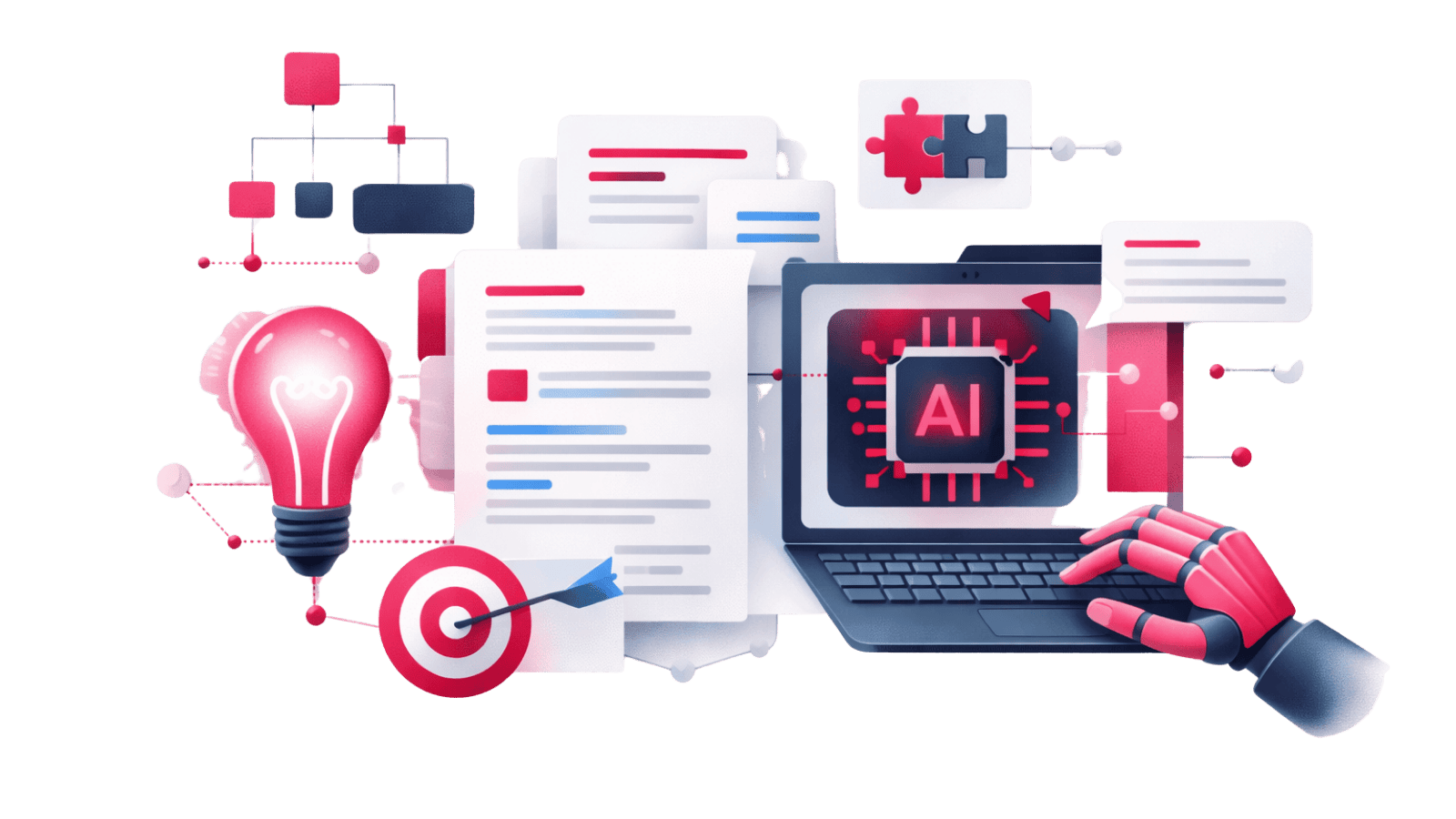 Illustration von KI-gestütztem Prompting mit Laptop, AI-Chip, Dokumenten, Zielscheibe und vernetzten Elementen.