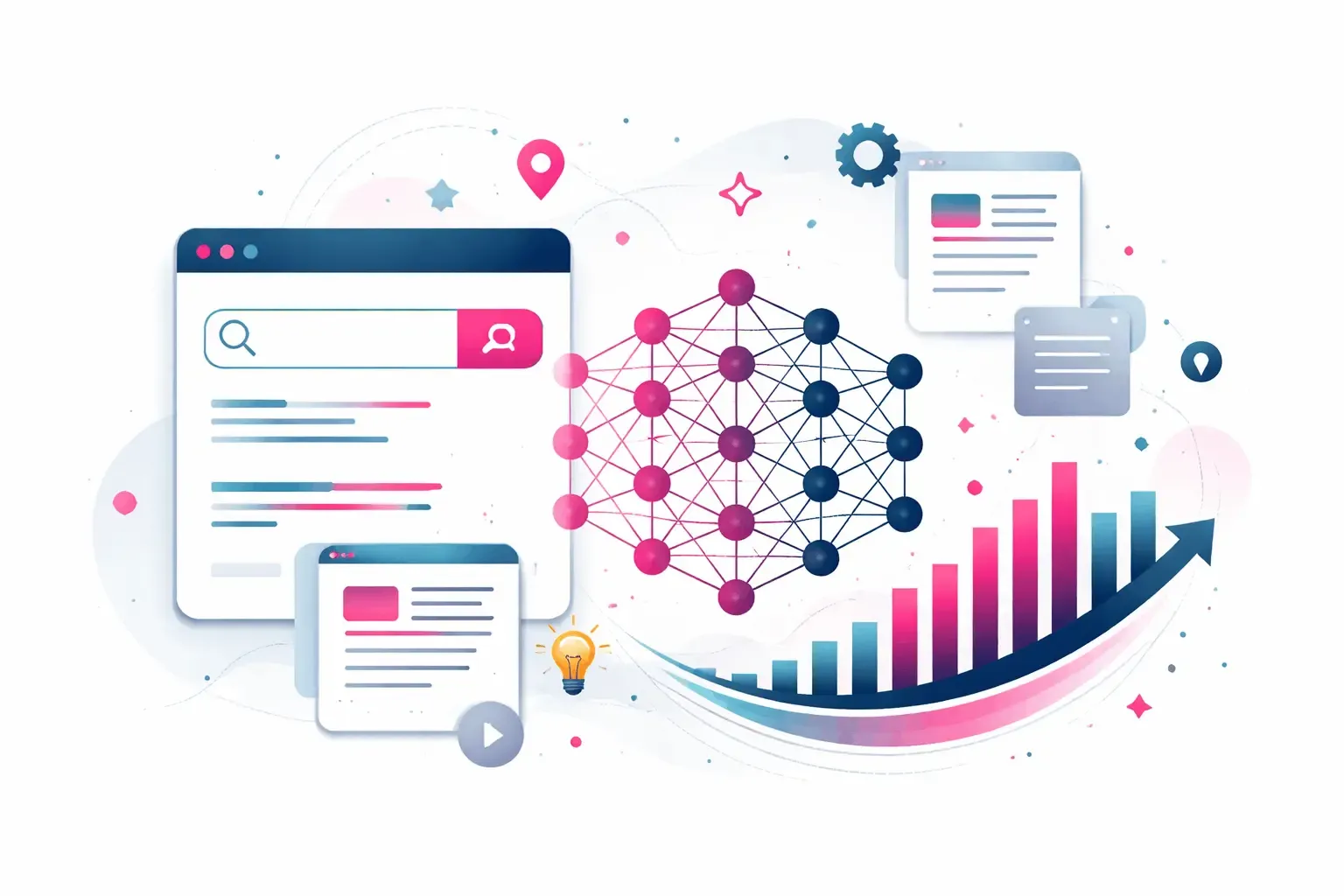 Illustration von Embeddings in der Suche mit neuronalen Netzwerken, Suchoberfläche und Datenanalyse zur semantischen Darstellung von Texten als Vektoren