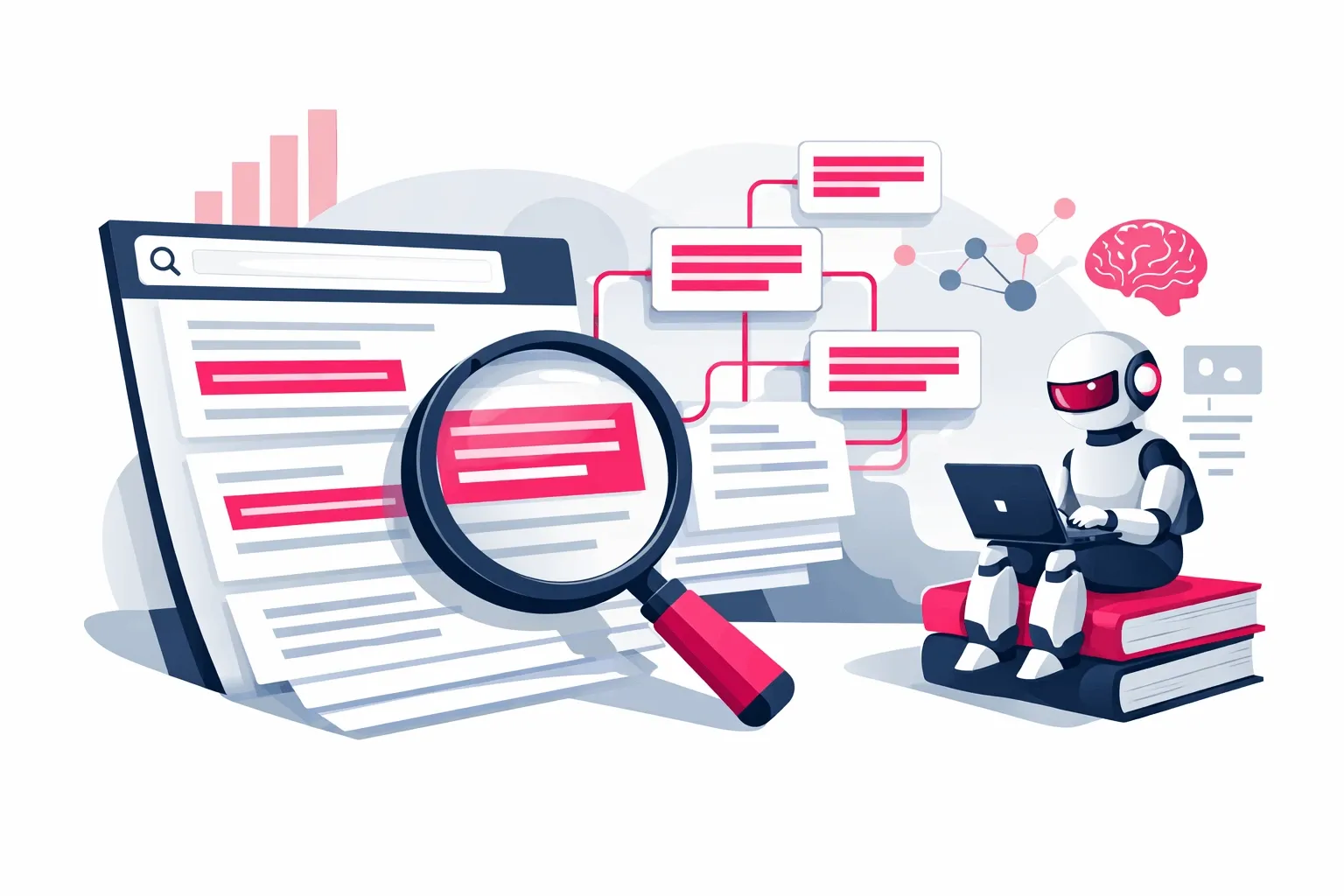 Illustration eines Suchsystems, das mit einer Lupe einzelne Textpassagen aus Dokumenten extrahiert, während eine KI relevante Informationen analysiert.