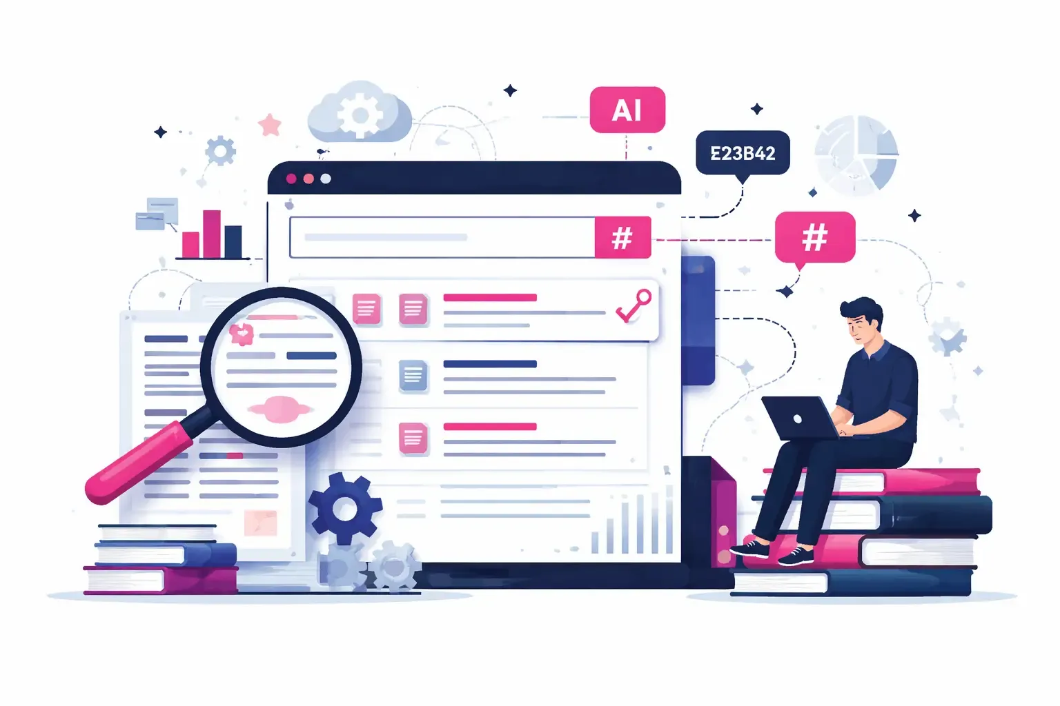 Illustration eines klassischen Suchsystems, das Dokumente über Keywords und Terme durchsucht – Visualisierung von Sparse Retrieval im Information Retrieval.
