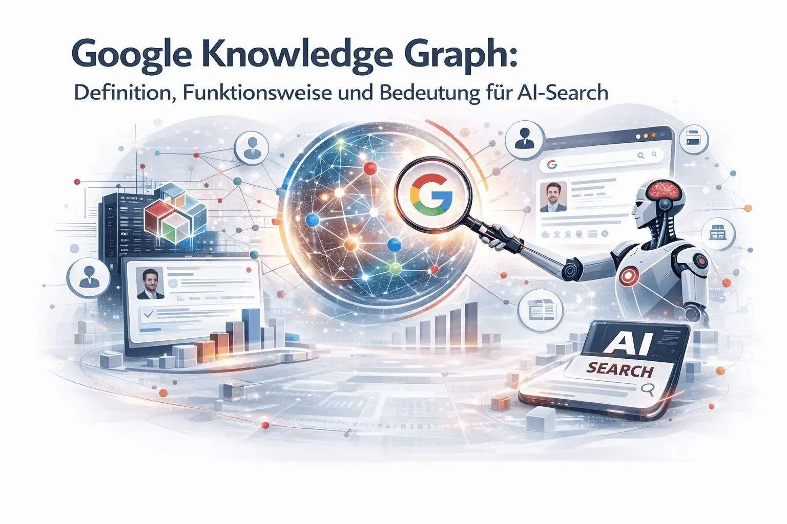 Visualisierung des Google Knowledge Graph mit vernetzten Entitäten, AI-Search und semantischer Datenstruktur