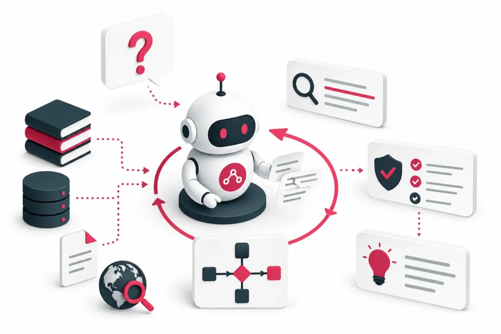 Isometrische Illustration eines Agentic RAG Systems mit autonomem KI-Agenten, der mehrere Datenquellen abruft, analysiert und bewertet