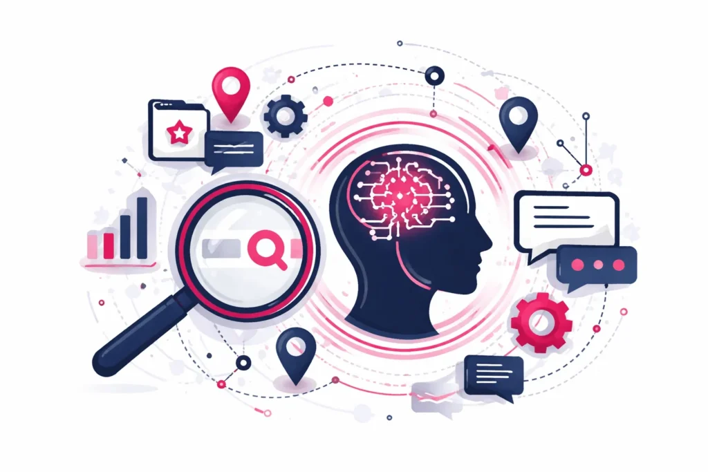 Illustration eines AI-Search-Systems mit Retrieval, Entitäten und semantischer Bewertung von Inhalten