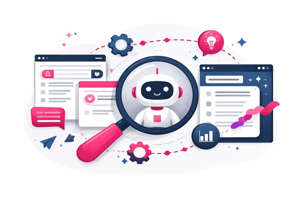 Illustration einer KI-Suchmaschine: Ein Chatbot wird mit einer Lupe analysiert und verarbeitet Informationen aus verschiedenen Webseiten und Datenquellen.