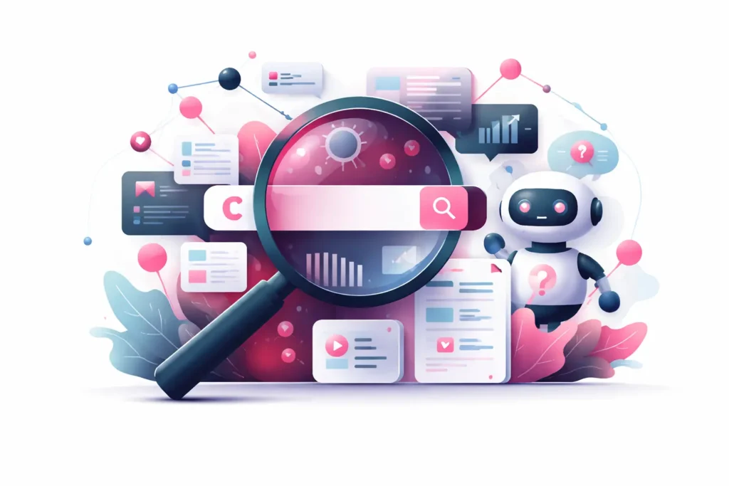 Illustration eines Suchprozesses mit Lupe, Datenstrukturen und KI-Elementen, die zeigen, wie Information Retrieval in AI-Search-Systemen funktioniert