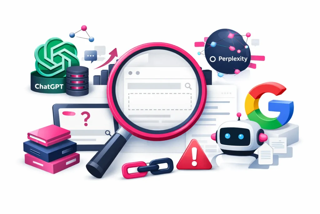 Illustration zur fehlenden Sichtbarkeit von Unternehmen in AI-Search-Systemen wie ChatGPT, Perplexity und Google AI Overviews