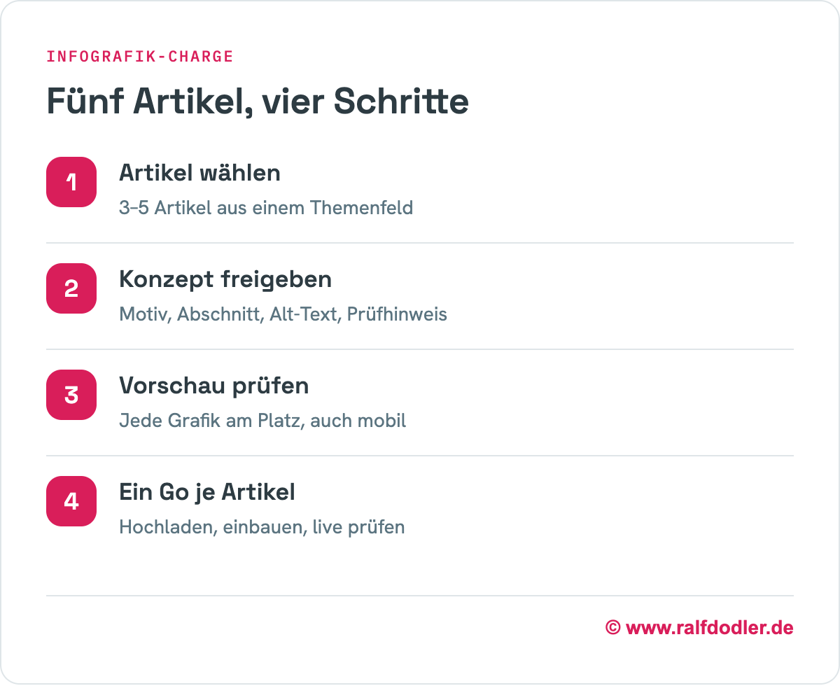 Ablauf einer Infografik-Charge in vier Schritten: Artikel wählen, Konzept freigeben, Vorschau prüfen, ein Go je Artikel