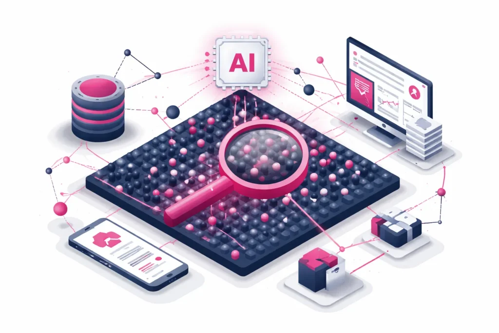 Illustration von Approximate Nearest Neighbor Search mit Vektoren, Clustern und semantischer Suche in einem großen Datenraum