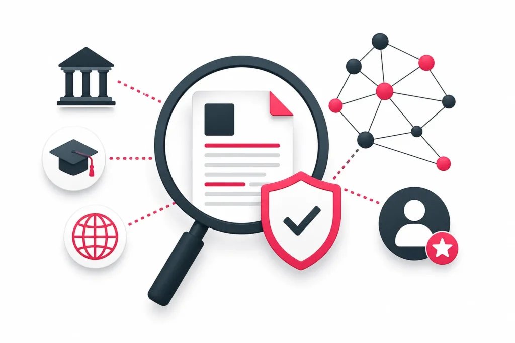 Illustration zur Authority Validation mit Lupe, Dokument und vernetzten Vertrauenssignalen