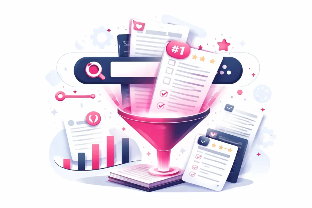 Illustration zur Relevanzbewertung von Dokumenten in Suchsystemen mit BM25-Algorithmus und Ranking-Prozess