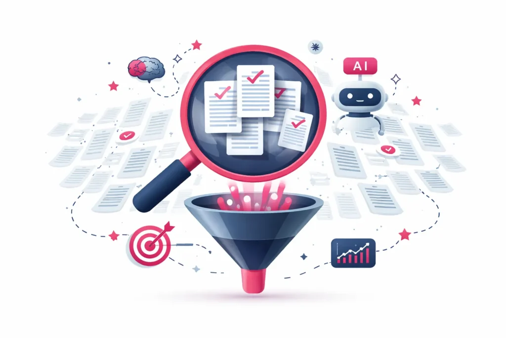 Illustration zur Candidate Generation: Suchsystem filtert relevante Dokumente aus großer Datenmenge mit Lupe und Funnel