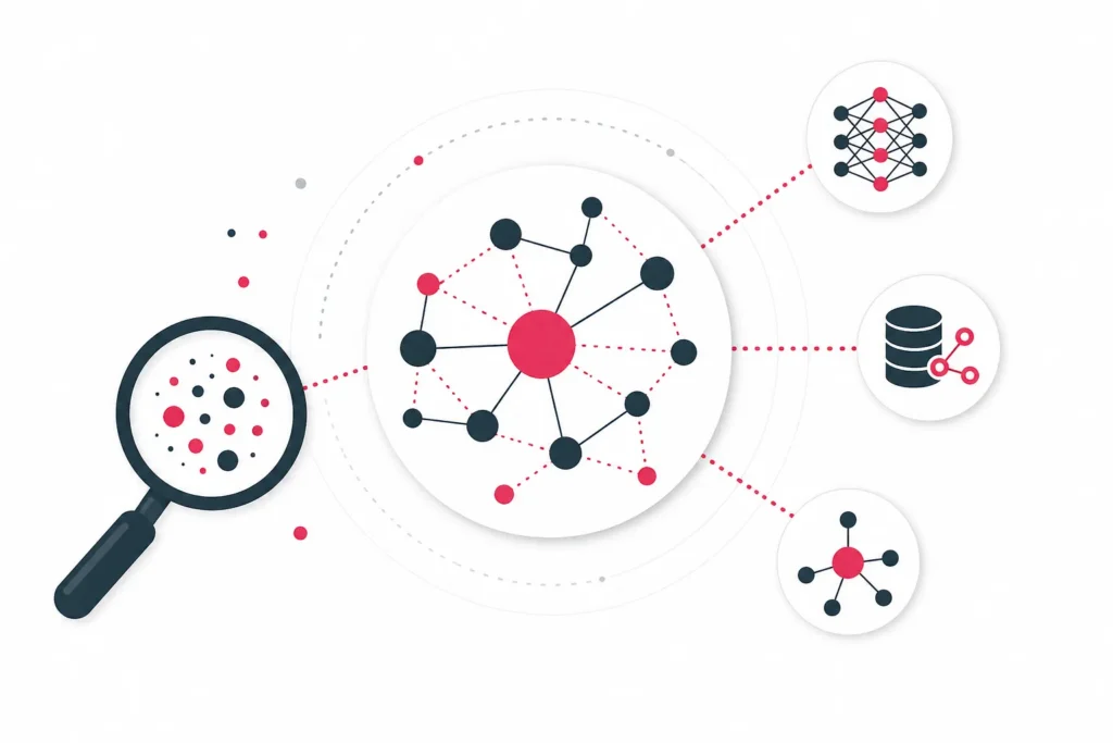Abstrakte Netzwerkstruktur mit verbundenen Knoten, symbolisiert Co-Occurrence und semantische Beziehungen in Suchsystemen