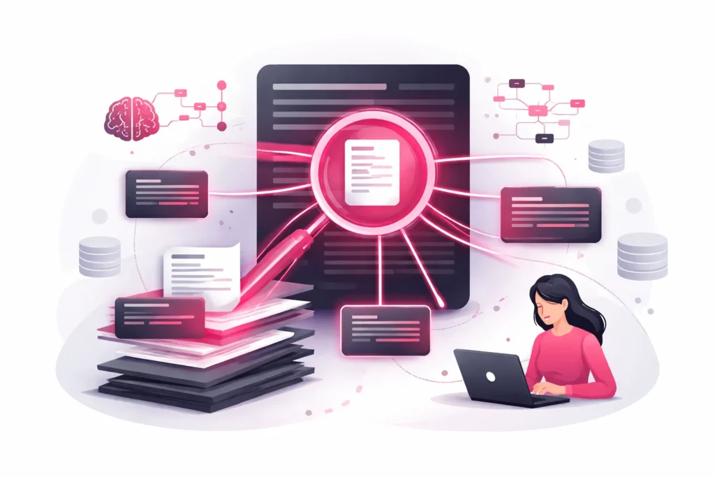 Illustration eines Retrieval-Systems, das Dokument-Chunks durch kontextuelle Verbindungen miteinander verknüpft und semantisch anreichert