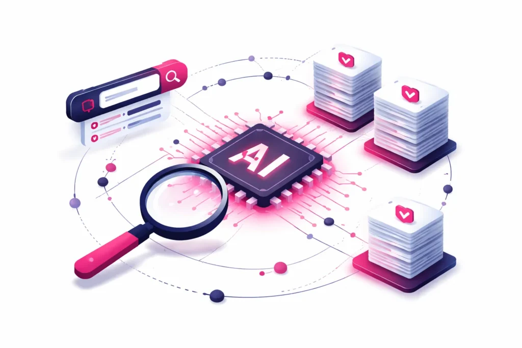 Illustration eines Cross-Encoders, der Suchanfrage und Dokument gemeinsam analysiert und Relevanz berechnet, dargestellt durch KI-Chip, Lupe und Dokumentstapel