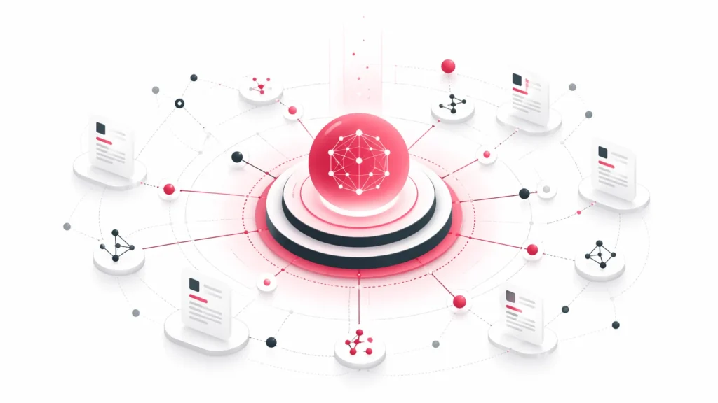 Abstrakte Illustration zu Definition Ownership in AI-Search mit zentralem Wissensknoten, vernetzten Dokumenten und semantischen Verbindungen