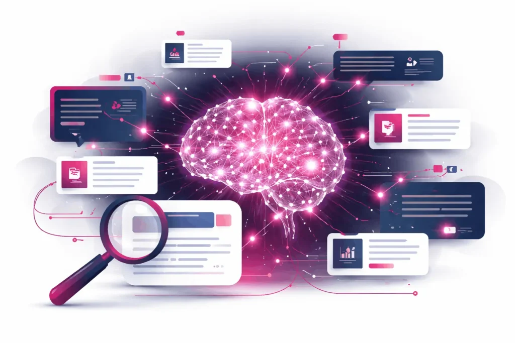 Illustration eines neuronalen Netzwerks, das Dokumente semantisch miteinander verbindet und Dense Retrieval in modernen Suchsystemen visualisiert.