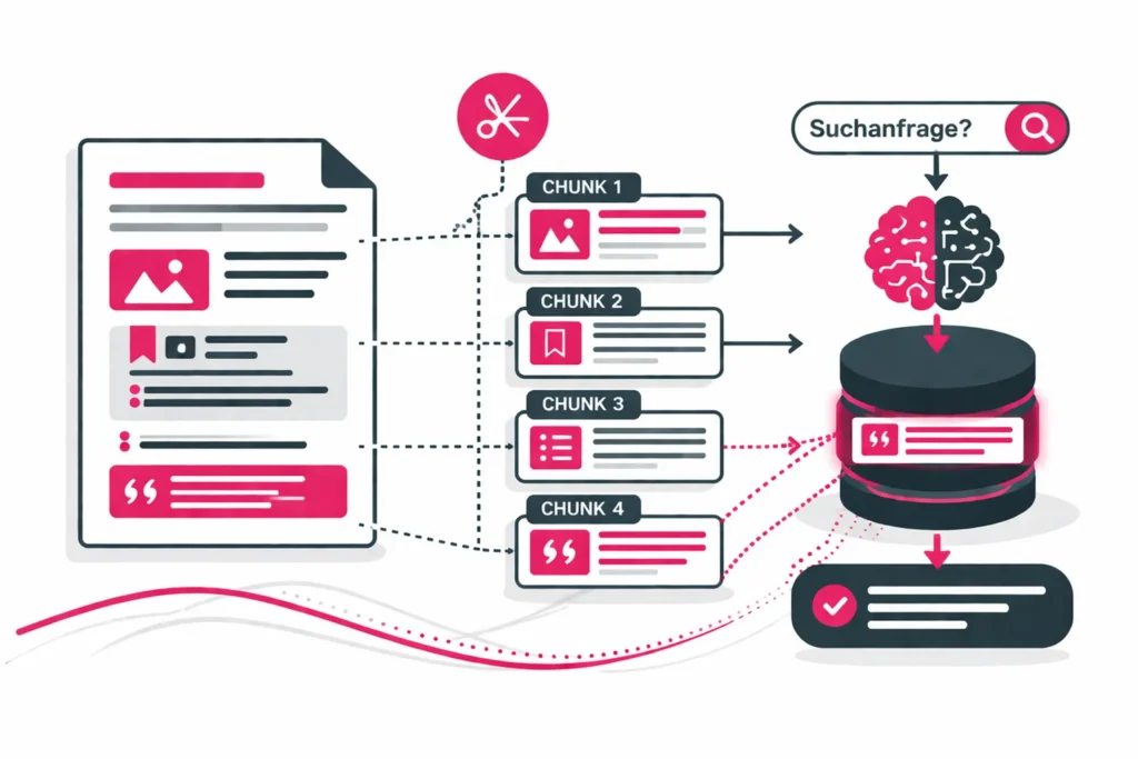 Illustration eines Dokuments, das in mehrere semantische Textabschnitte (Chunks) zerlegt und für eine Suchanfrage in einem Retrieval-System verarbeitet wird