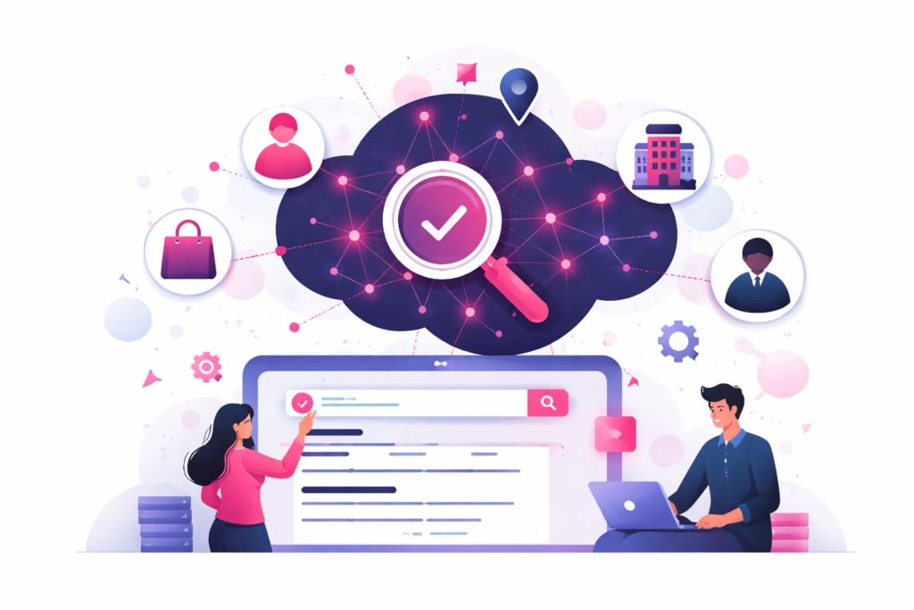Illustration zu Entity Linking zeigt vernetzte Entitäten im Knowledge Graph und die Zuordnung von Begriffen zu eindeutigen Identitäten in Suchsystemen